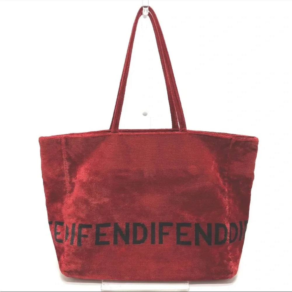 FENDI Logo Corduroy Velvet Velour Logo Red & Black Tote Bag - Picture 3 of 11